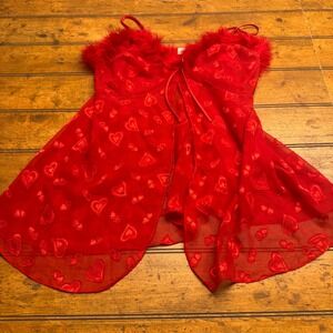 Inner Most Red Heart Print Fluffy Trim Babydoll Lingerie Chemise Top‎ L FLAW